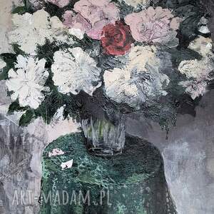 Katarzyna-Staryk, Pastelowy obraz akrylowy peonie, wiosenne kwiaty, bukiet kwiatów, martwa natura