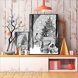 w zimowym lesie art print A4, ilustracje, bożónarodzeniowe świąteczne plakaty