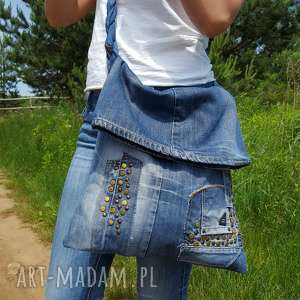 handmade na ramię torba z jeansu z plecionym uchwytem