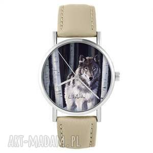 ręcznie wykonane zegarki zegarek - szary wilk - skórzany, beżowy