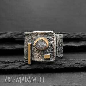 pierścionek z surowym diamentem, szeroki pierścień srebrny