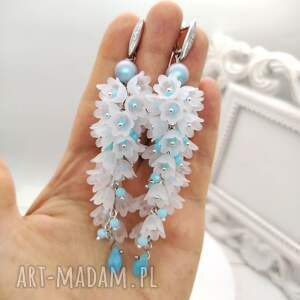 długie kolczyki grona, matowe dzwoneczki, błękitne, wieczorowe