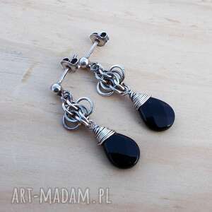 kropelki czarnego onyksu - kolczyki srebrna biżuteria, sztyfty, chainmaille