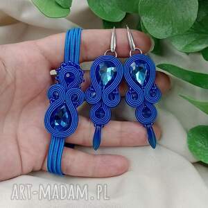 kobaltowy komplet biżuterii, niebieskie kolczyki sutasz, chabrowa bransoletka