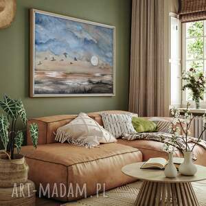 oryginalna akwarela 56x76cm lot nad wodą, morze pejzaż trawy ptaki sztuka