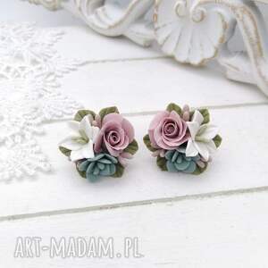 kolczyki sztyfty mini bukiecik lilia róże sukulenty pastelowe zimowe kolory