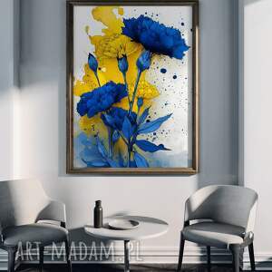 niebieskie goździki - grafika na plakacie A3, kwiaty, prezent