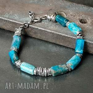 apatyt serbrna bransoletka iii, srebro oksydowane kamienie naturalne, surowa