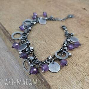 Bransoletka - zawieszki z ametystu, srebro oksydowane, ametyst