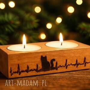 drewniany świecznik na dwa tealighty - koty ekg, ręcznie wypalane wzory