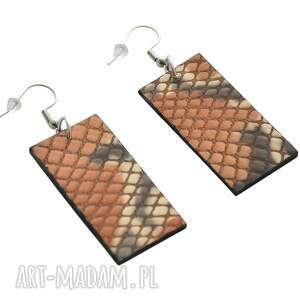 Prostokątne skórzane kolczyki wiszące ze stalą szlachetną brązowy
