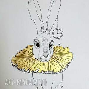 biały królik 2 rysunek piórkiem oraz złotym tuszem artystki adriany laube