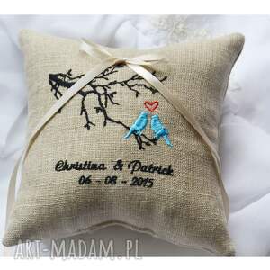 haftowana poduszka na obrączki, personalizowana ślubna lovebirds hr107