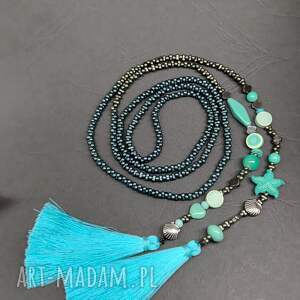 naszyjnik długi sznur turkusowa rozgwiazda z chwostami, naszyjnik dlugie korale, dlugi