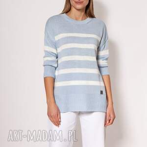 dzianinowa bluza - swe297 błękit/ecru mkm, sweter w paski dzianinowy