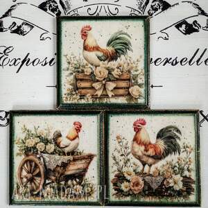 dekoracyjne podkładki z kogutami prowansja, farmhouse vintage, decoupage