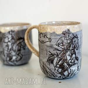 Kubek ceramiczny sgraffito Cowboy łąka 500 ml - ręcznie robiony dla miłośniczek koni