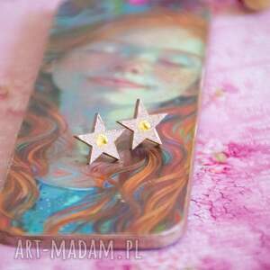 kolczyki sztyfty - jesteś gwiazdeczką różowe, drewno ręcznie malowane, rock