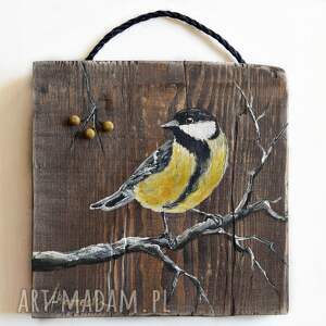 ptak sikorka obraz malowany na desce /14/ obrazy z ptakami, ręcznie