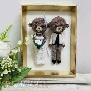 młoda para misie w złotej ramce ręcznie robione prezent ślubny obraz, maskotki