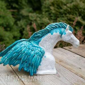 handmade ceramika rzeźba ceramiczna figurka popiersie konia - biały turkus