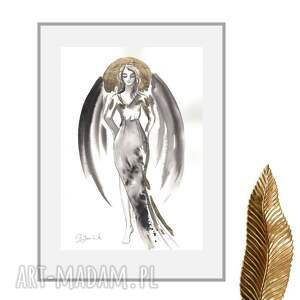 anioł w aureoli -grafika ręcznie malowana i złocona 21cm x 30cm
