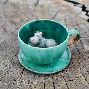 ceramiczna filiżanka z figurką hipopotama zieleni ok 400 ml na prezent