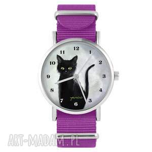 zegarki zegarek - czarny kot, cyfry amarant, nylonowy dla kociary niej