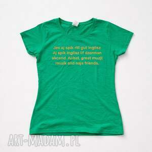 bawełniany t-shirt rozmiar m z autorskim napisem wykonywanym metodą sito druku