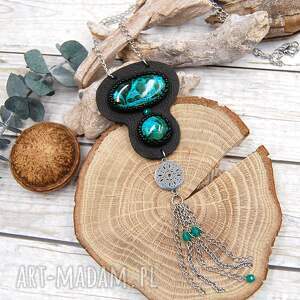 wisior skórzany długi na łańcuszku - chryzokola z malachitem biżuteria
