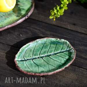 ceramiczna mydelniczka, talerzyk na mydło, podstawek drobiazgi - liść zielony