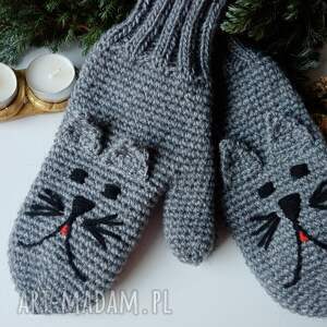 rękawiczki koty szare/rękawice na szydełku i drutach/szare koty/ damskie