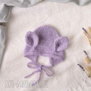 bonetka króliczek, fioletowa, baby alpaka i merino wełniana czapeczka