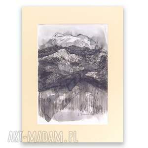 czarno biały rysunek z górami, pejzaż górski, górski obrazek, szkic biało czarny, pejzaż