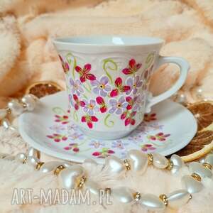 barwny ręcznie malowany komplet kwiaty 250ml talerzyk i filiżanka, malowana