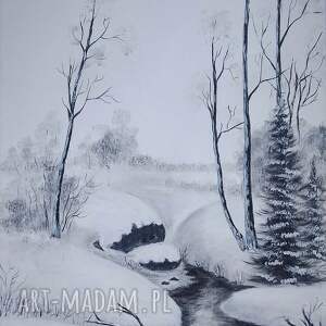 obraz ręcznie malowany akrylowy pod śnieżną pokrywą - 40x30cm śnieg w parku