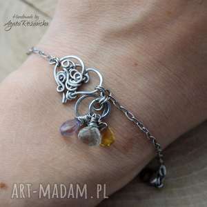 magiczna bransoletka kwarc piwny i ametyst, wire wrapping, stal chirurgiczna