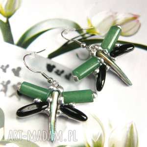 kolczyki ważki zielone z onyksem, motylowa biżuteria