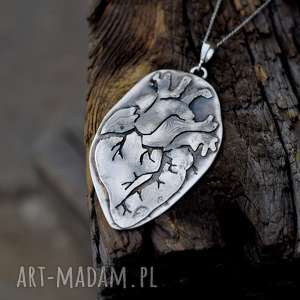 dziki krolik anatomiczne serce srebro, naszyjnik prezent, unikatowy