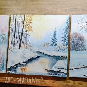 komplet ręcznie malowanych obrazów - tryptyk natury zimowe zamyślenie darmowa