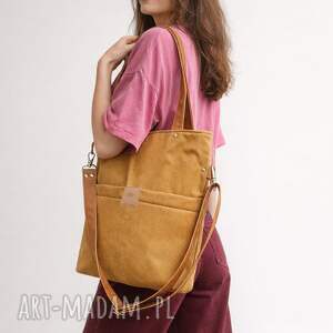 na ramię duża torba z kieszeniami miodowego nubuku, pojemna torebka