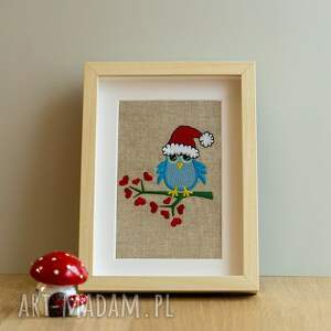 haftowany obrazek - ptaszek, świąteczny, prezent, dekoracja świąteczna, ozdoba