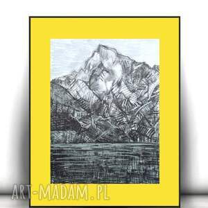 żółto czarny obraz 30x40, nowoczesna grafika do domu, rysunek z górami, góry obrazek