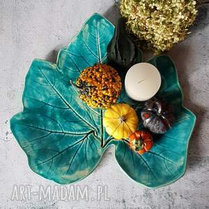 turkusowy liść xxl, ceramika badura, patera na świece ceramiczna duża