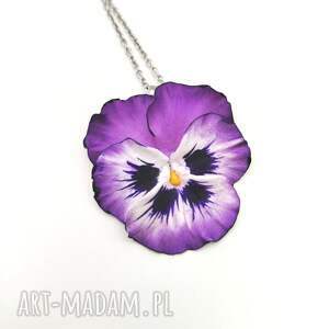 naszyjnik z bratkiem, biżuteria kwiatowa glina polimerowa, stal