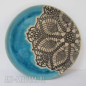 handmade ceramika turkusowy talerzyk z koronką