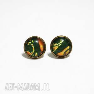 kolczyki - ciemno zielone, pomarańczowe antyczny brąz sztyfty, szklane