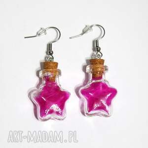 kolczyki fiolki - amarantowe piórko, gwiazda, szklana fiolka dla niej