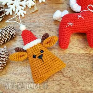 świąteczne zabawki, choink renifer, konik, szydełkowane, prezent