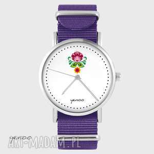 zegarek - folkowy kwiat fioletowy, nato bransoletka unikatowy, prezent